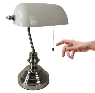Produktbild von Tischleuchte Bankerslamp mit Zugschalter Nickel-Weiß E27 Schreibtischleuchte