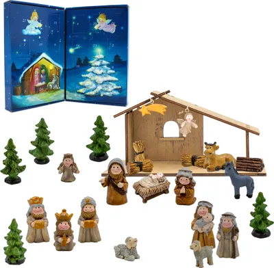 Produktbild von Weihnachtskrippe Adventskalender 2024 mit 24 Figuren - 26 x 13 cm - Holz Krippenstall mit Kunststeinfiguren - Weihnachten Advent Winter Tisch Deko Krippe