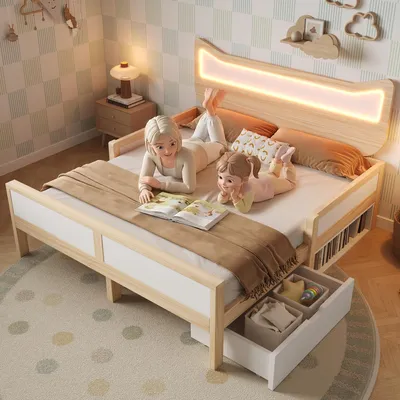 Zdjęcie produktu dla Łóżko dziecięce Merax 140 x 200 cm z zagłówkiem w kształcie kocich uszu i oświetleniem LED RGB, łóżko młodzieżowe z szufladą i schowkiem, drewniane łóżko z barierką zabezpieczającą i stelażem z listew, kolor biały