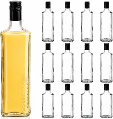 Produktbild von 12 x Glasflasche 250 ml mit Schraubverschluss – Likörflasche mit Kornähren-Motiv, Flasche für Schnaps, Saft, Sirup, Öl & Essig