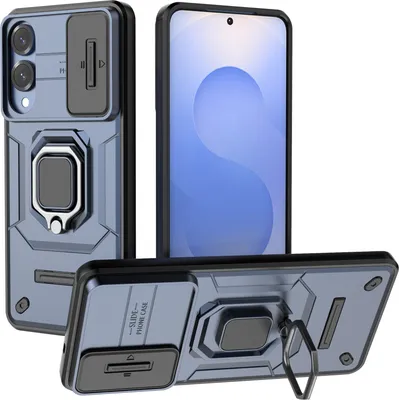 Produktbild von Hülle für Samsung Galaxy S25 Edge Dual Layer Handyhülle Schiebe Kamera Schutz und Ringhalter Ständer Blau