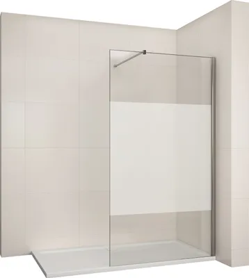 A walk-in shower enclosure with a frosted glass panel, shown in a tiled bathroom setting.