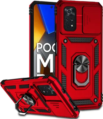 Image de Etui pour Xiaomi Poco M4 Pro 4G étui double couche avec cache appareil photo coulissant et anneau de support rouge