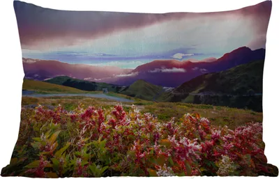 Produktbild von MuchoWow® Outdoor Kissen - Blumen - Berge - Landschaft - Nacht - Himmel - Rosa - 50x30 cm - Wetterfest - Lounge Kissen - Sofa kissen - Wohnzimmer Dekoration