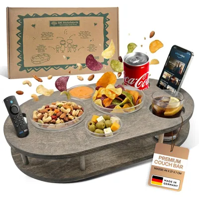 Produktbild von Couchbar Snackbox in grau mit 4 Glasschalen - Sofabar für Snacks und Getränke - Couchtabletts mit Getränkehalter - Sofa Butler