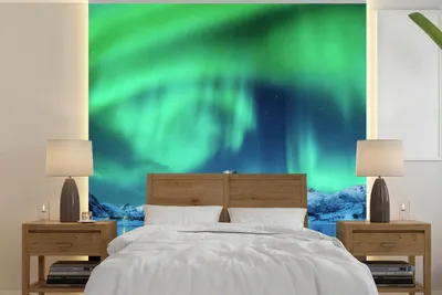 Produktbild von MuchoWow® Fototapete für Wohnzimmer oder Schlafzimmer Wandtapete Vinyl Motivtapete Nordlichter - Berg - Schnee - 260x260 cm - Papiertapeten