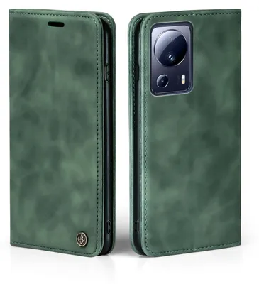 A green flip case for a smartphone, shown from two angles.
