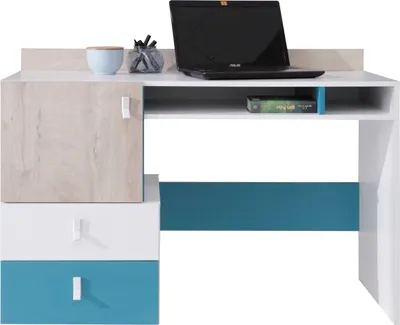 Produktbild von Furniture24 Schreibtisch Planet PL-9 mit 2 Schubladen und 1 Tür, Schülerschreibtisch, Arbeitstisch, Computertisch Weiß/Eiche/Marine