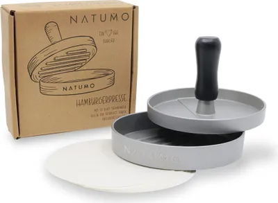 Produktbild von NATUMO Burgerpresse Set aus Hamburgerpresse und Burger Papier (50x Trennpapier), Burger Maker aus Aluguss (Ø 11cm, 200g), Profi Burger Pattie Presse mit Antihaftbeschichtung (Silber)