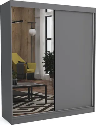 Produktbild von Kleiderschrank JOHN ANTHRACITE mit Spiegel –160cm breit, Schiebetüren, Kleiderstange & Regalböden –Funktionaler & stilvoller Schrank, Moderner Schrank