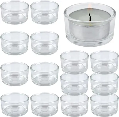 Produktbild von Set mit 15 Teelichthaltern, klare Windlichter, Glas, Teelichthalter, Kerzenhalter, Teelichthalter, Durchmesser 4,5 cm und Höhe 2,5 cm, Kerzengläser