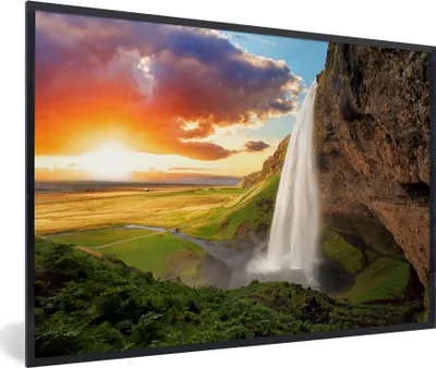 Produktbild von MuchoWow® Gerahmtes Poster Wasserfall - Felsen - Sonnenuntergang - Berge - Orange 90x60 cm - Poster mit Schwarzem Bilderrahmen Wandposter Rahmen Foto Bilder - Fotorahmen - Foto-Plakat