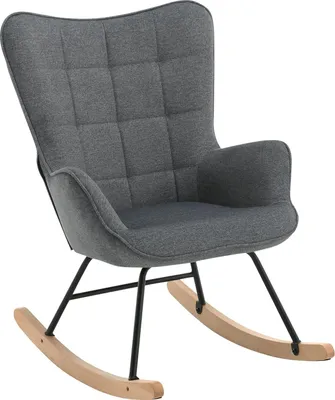 A gray upholstered rocking chair with black metal legs and wooden rockers, shown against a white background.