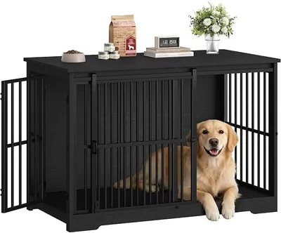 Produktbild von Hundekäfig Möbel, 119 cm Hundebox, 2 Türen, XXL Moderne Hundekäfig Indoor für Mittlere/Große Hunde, Beistelltisch, Verstärkte Schiebetür, 119 × 70 × 88 cm, Schwarz DFC94404B