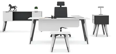 Image de Ensemble complet 4 pièces en blanc – bureau, buffet et tables