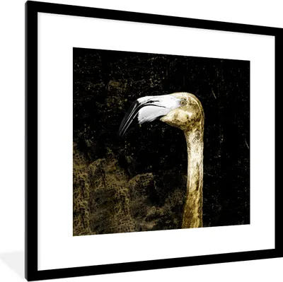 Produktbild von MuchoWow® MuchoWow® Gerahmtes Poster Flamingo - Vogel - Blätter - Gold 40x40 cm - Poster mit zchwarzem Bilderrahmen - Poster - Plakat im Rahmen