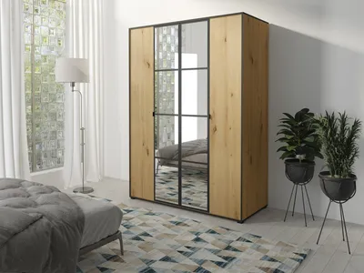Produktbild von Easy4You OSLO I Artisan Schiebetürenschrank Kleiderschrank 150x206x65 cm mit Spiegel - Schlafzimmermöbel, Aufbewahrung – Mehrzweckschrank mit Kleiderstange