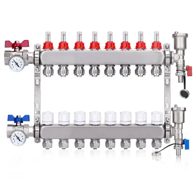 Produktbild von 8 Heizkreise | Heizkreisverteiler mit Eurokonus 3/4 (20 x 2 mm) mit Thermometer, 1" Kugelhähne Manueller Entlüfter Flussmesser Fußbodenheizung HKV