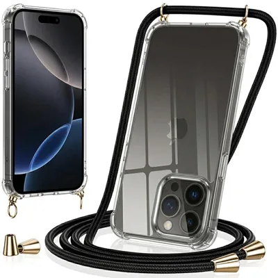 Image de Lanière pour étui Apple iPhone 16 Plus, étui de protection à porter en bandoulière, lanière pour téléphone portable, noir