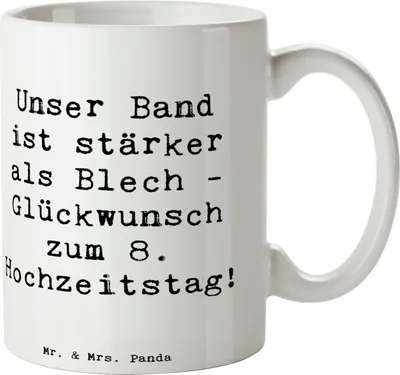 Produktbild von Mr. & Mrs. Panda Teetasse Spruch 8. Hochzeitstag Blechhochzeit - Weiß - Geschenk, Jubiläum, design tasse, Zweisamkeit, Liebe, Keramiktasse, Geschenke, Kaffeetasse, Becher
