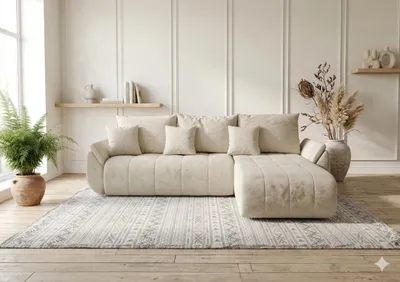 Image de Canapé d’angle SYDNEY droit beige velours Monolith 2 - fonction couchage, coffre de rangement pour la literie
