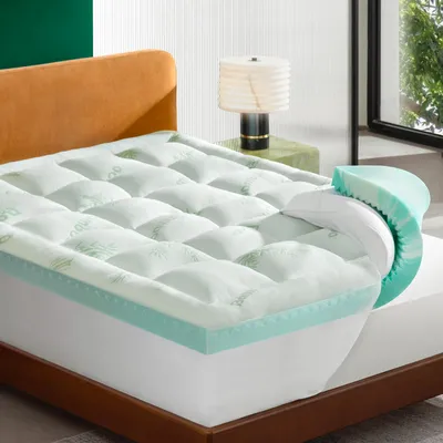 Obrázok produktu pre NicePlus, vrchná matrace 2 v 1, 160x200x7 cm, 5-zónová pamäťová pena + vrchná vrstva z bambusu, s rohovými gumičkami vhodná pre všetky matrace, tvrdosť H3, zelená
