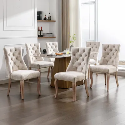 Produktbild von Flieks Esszimmerstuhl 6er Set, Küchenstühle mit Hoher Rückenlehne und Massivholzbeine, Samt Wohnzimmerstuhl Essstuhl Polsterstuhl Esstischstuhl, Hellbeige