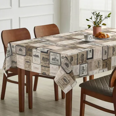 Produktbild von Tischdecke Wein aus Stoff mit Digitalprint Tischtuch EasyClean ACRYL Beschichtet Tischwäsche Digitaldruck Beige 140x500cm mit Schnittkante