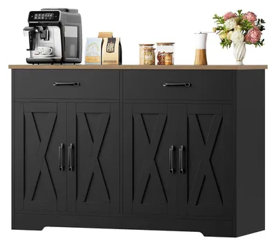 Image de Buffet de 120 cm de largeur, avec plan de travail, 2 tiroirs, 4 portes, noir et marron