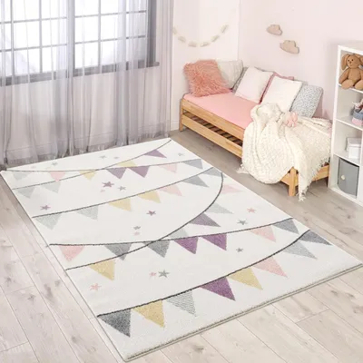 Produktbild von Kinderteppich Creme Lila - 80x150 cm - Wimpel-Motiv - Kinderzimmerteppiche Mädchen - Babyzimmer