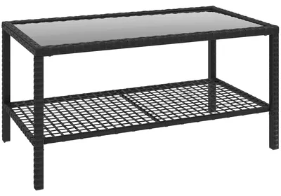 Produktbild von Rattan-Couchtisch, zweistufiger Outdoor-Tisch mit Ablagefach, gehärteter Glasplatte und Stahlrahmen, Schwarz