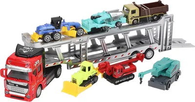 Obrázok produktu pre hračka 7 v 1, transportné nákladné vozidlo zo zliatiny, funkcia ťahania späť, model nosiča so 6 malými technickými vozidlami, 12,6 palca, červená,  typ vozidla