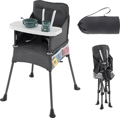 Image de Chaise haute pliable pour bébé avec plateau réglable et sac de transport