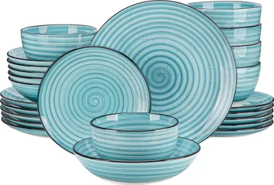 Immagine prodotto di Servizio di stoviglie, design a spirale dipinto a mano su entrambi i lati, piatti e ciotole, resistente, blu, 24 pezzi