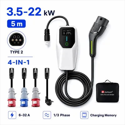 Image de Chargeur portable de type 2 Junsun, 3,5 à 22 kW, câble de 5 mètres, 6 à 32 ampères, monophasé/triphasé, 4 adaptateurs Schuko/CEE, écran LCD, temporisation de démarrage, mémoire de charge, Image générée par une IA