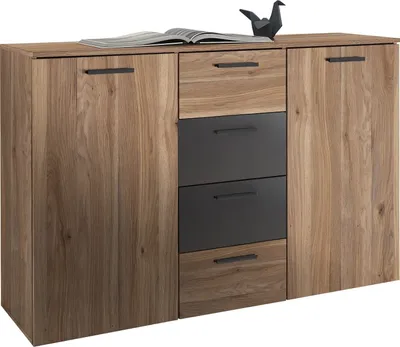 Produktbild von Sideboard >Aschau< 2 Türen, 4 Schübe, Mauvella Eiche Nachbildung/ Graphit - 140x89x38cm (BxHxT)