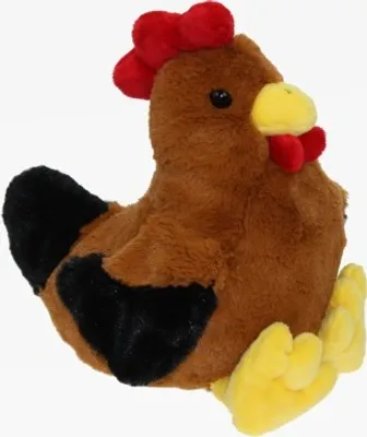 A plush toy chicken sitting against a white background.