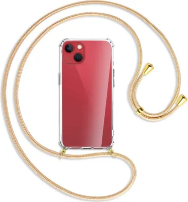 Produktbild von Handykette Backcover-Schutzhülle mit Band (Metall goldfarben) für Apple iPhone 13 mini - Goldkordel