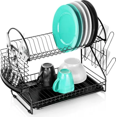 Obrázok produktu pre Vilde | Odkapávač na riad s odkvapkávačom - Čierny - Stojan na riad - Odkapávač na riad 2 úrovne - Kuchynský organizér