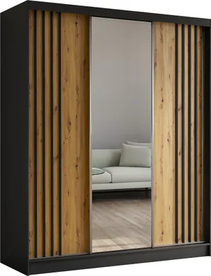 Produktbild von Masseno Schiebetürenschrank NELVIA 180 cm Kleiderschrank Schlafzimmer Schrank 3-türig mit Spiegel und Lamellen Schwarz