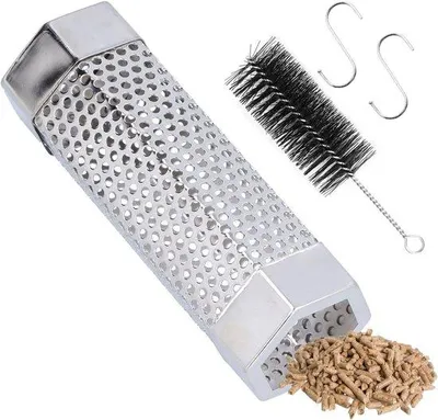 Produktbild von Pellet-Rohr für Grill, Grillrohr, Rostfreier Stahl, 15,5 cm lang, mit Bürste und Haken