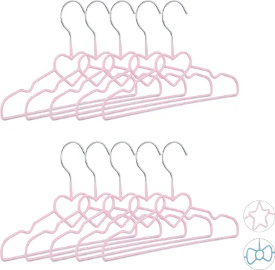 Produktbild von Relaxdays Kinderkleiderbügel Herz 10er Set, Drahtbügel, Babybügel, dekorativ & platzsparend, PVC, Metall, 30 cm, rosa