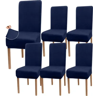 Immagine prodotto di Copri sedie in velluto, blu scuro, set da 6 pezzi, lavabili ed elasticizzati, ideali per la sala da pranzo