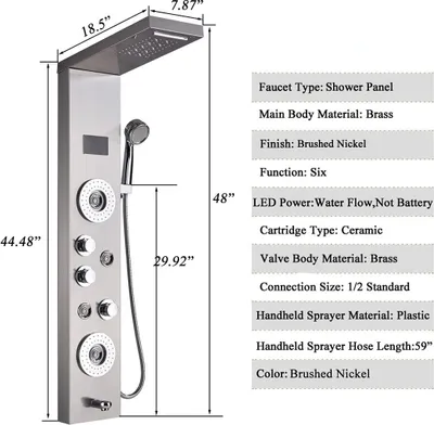 A diagram of a shower panel with dimensions and specifications.