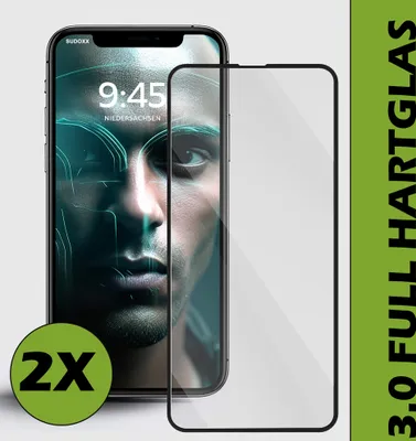 A smartphone screen protector is shown next to a smartphone. The screen protector is transparent and has a black border. The smartphone displays a futuristic image of a face with glowing blue lines. There is a green circle with '2X' in white text on the bo