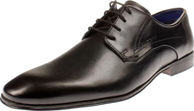 A single black leather dress shoe is shown from a side angle against a white background.