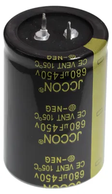 Imagen del producto de 2 condensadores electrolíticos de 450V, 680UF, de 35x50mm y con 2 pines