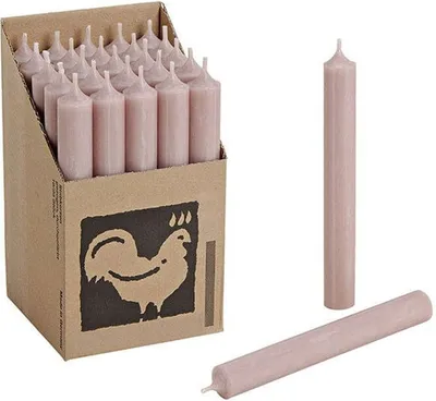 A box of pink candles with a rooster logo on the side, and two individual candles shown separately.