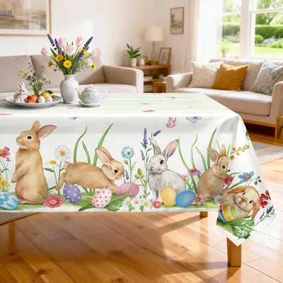 Obrázok produktu pre Obrus na Veľkú noc, motív zajačika, obdĺžnikový tvar, 152 x 213 cm, materiál: polyester, možné prať
