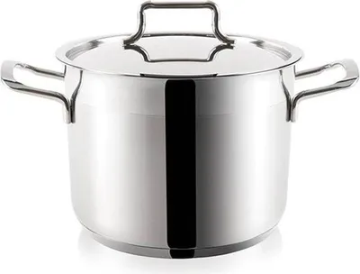 A stainless steel pot with a lid and handles, shown from a front-side angle against a white background.